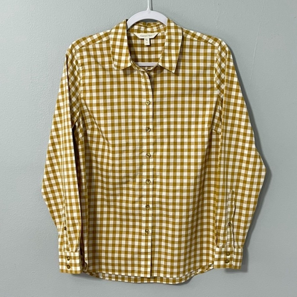 Garnet Hill Blouse Women 4 Golden Brown Gingham‎ Organic Pima Cotton Top